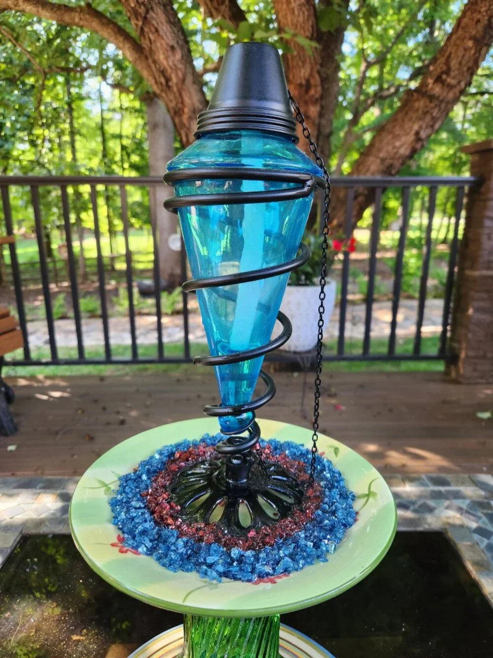 Upcycled Blue Green Tiki Torch Crushed Glass Accents